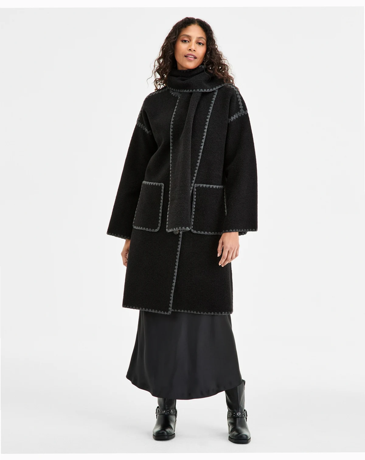 Women's Button-Front Edge-Stitch Scarf Coat