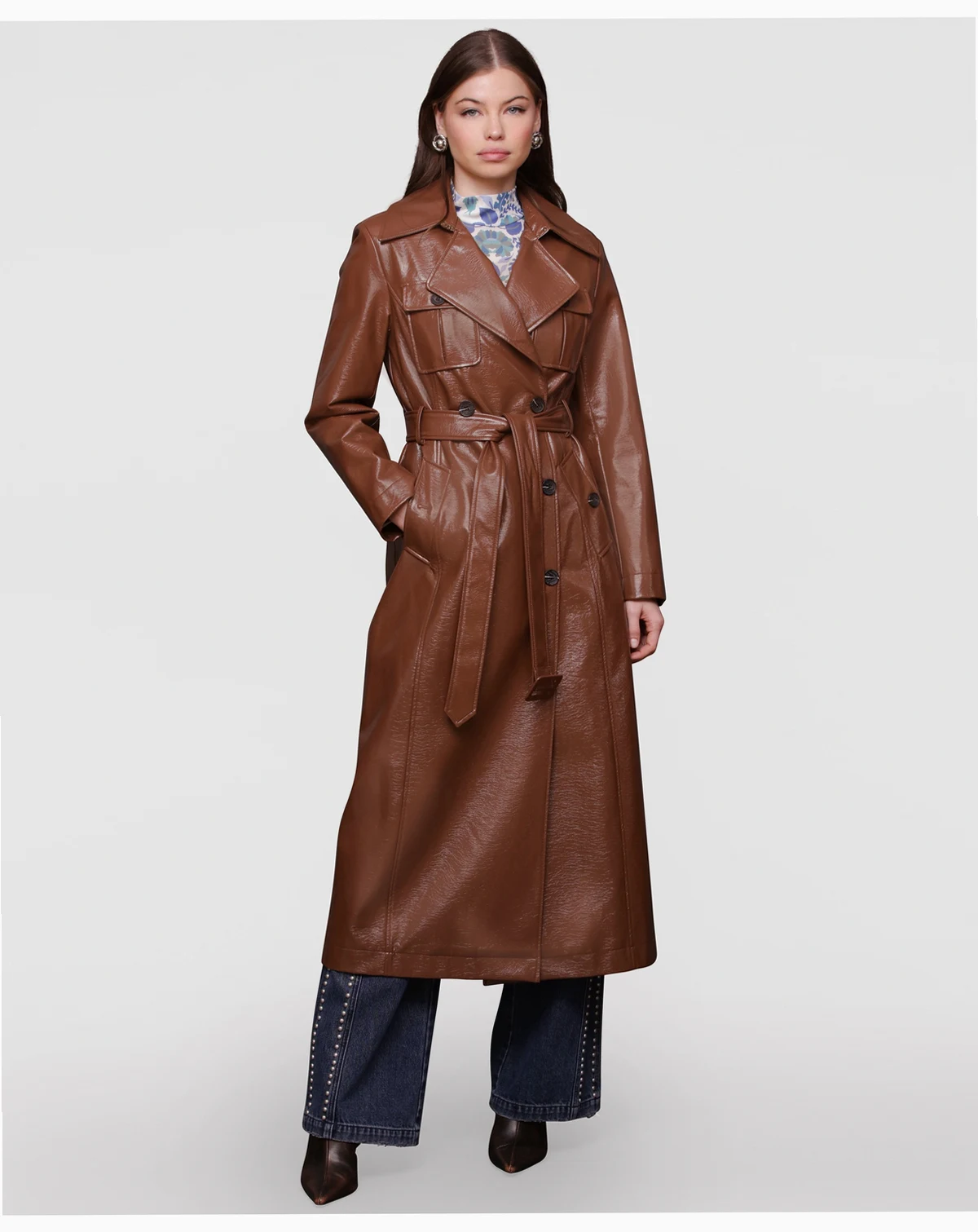 Women's Belted Faux-Leather Trench Coat