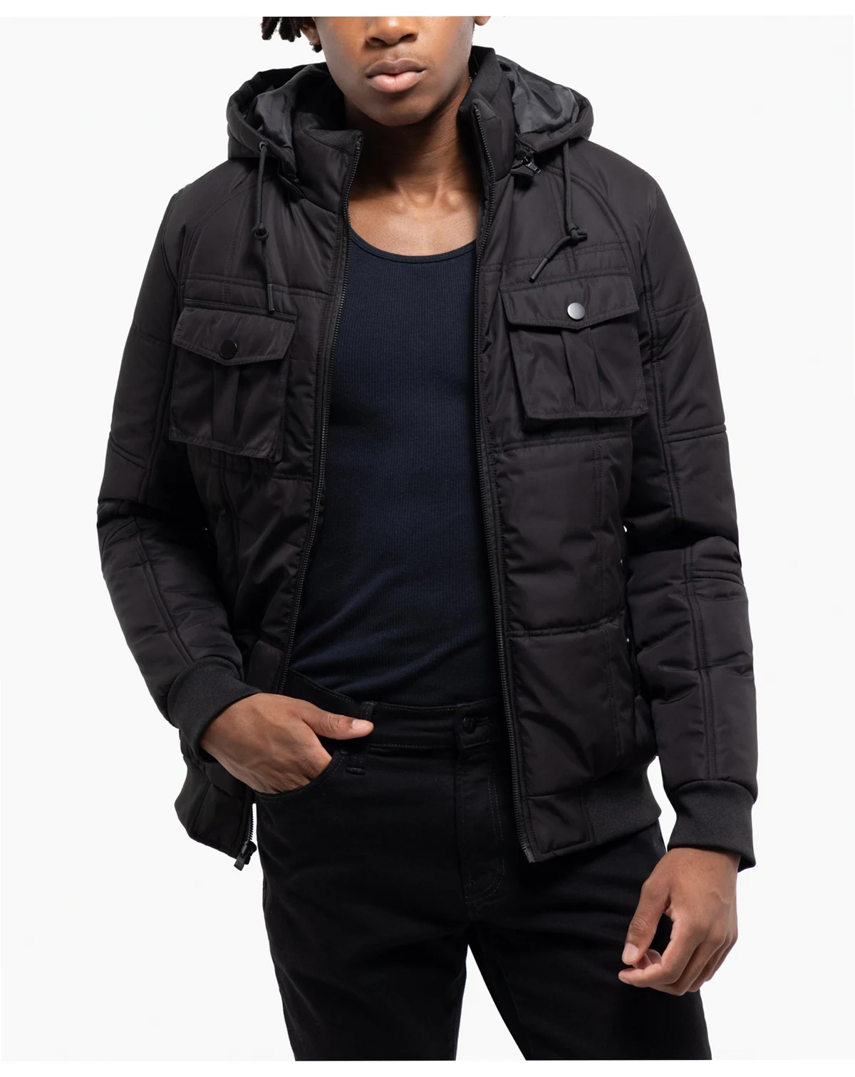 Men's Hooded Puffer Jacket With Patch Chest Pockets