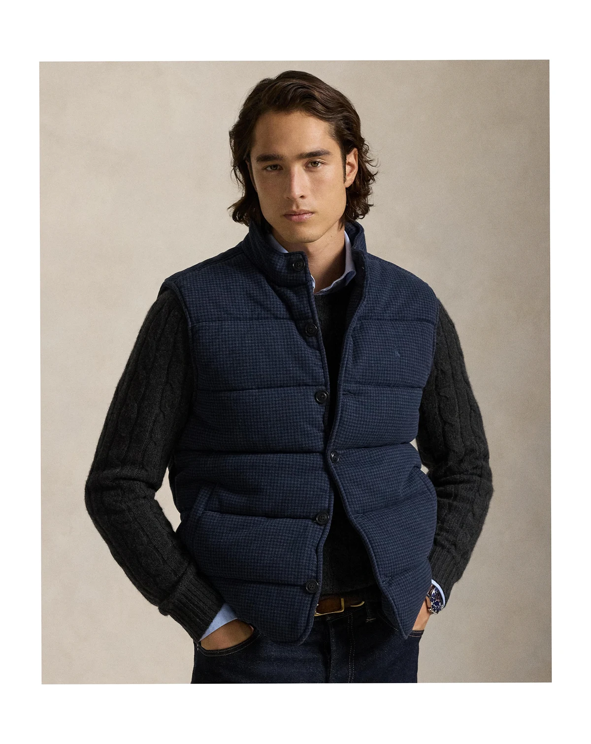 Men's Herringbone Print Estate Mock-Neck Rib Vest