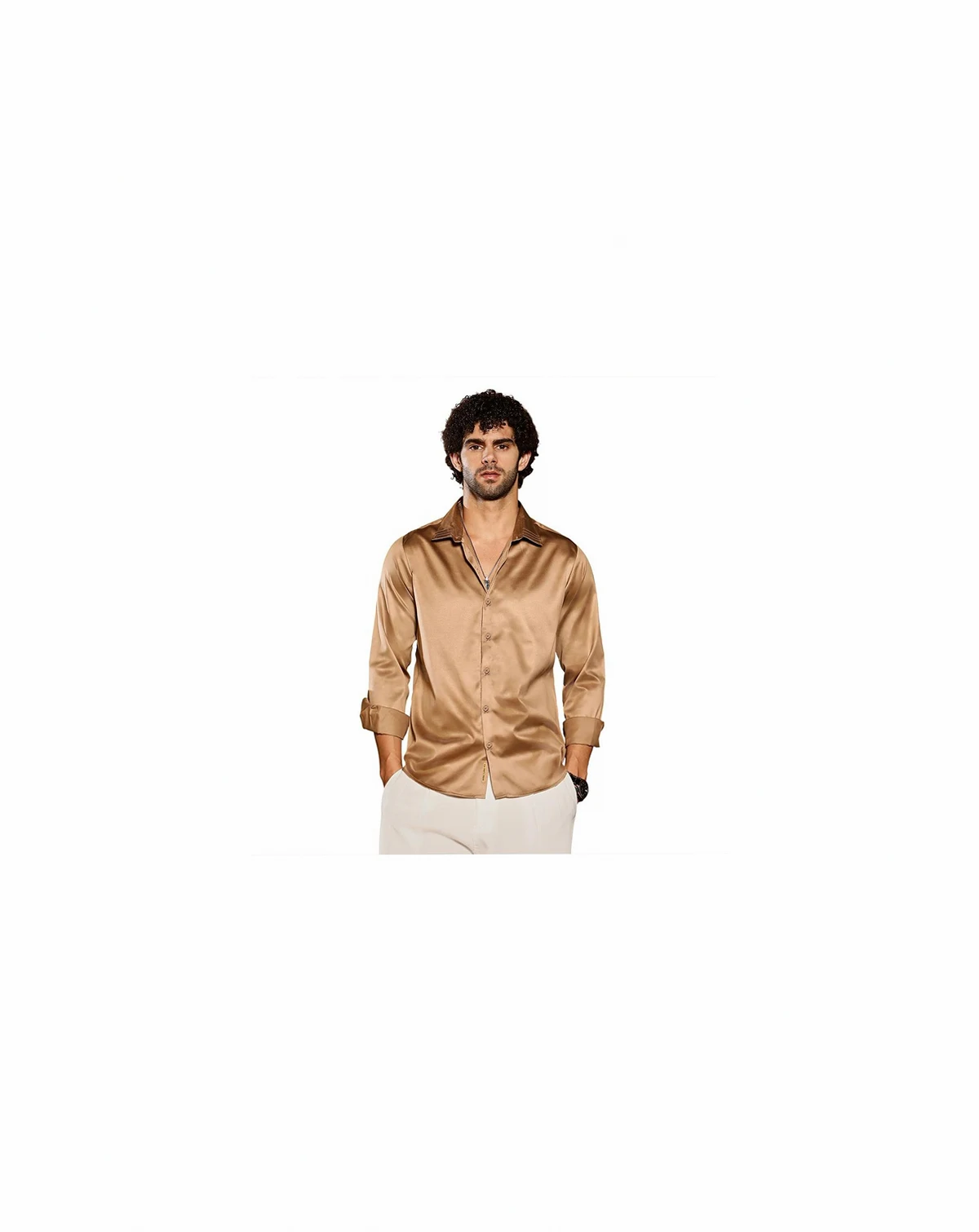 Men's Sand Beige Solid Satin Shirt