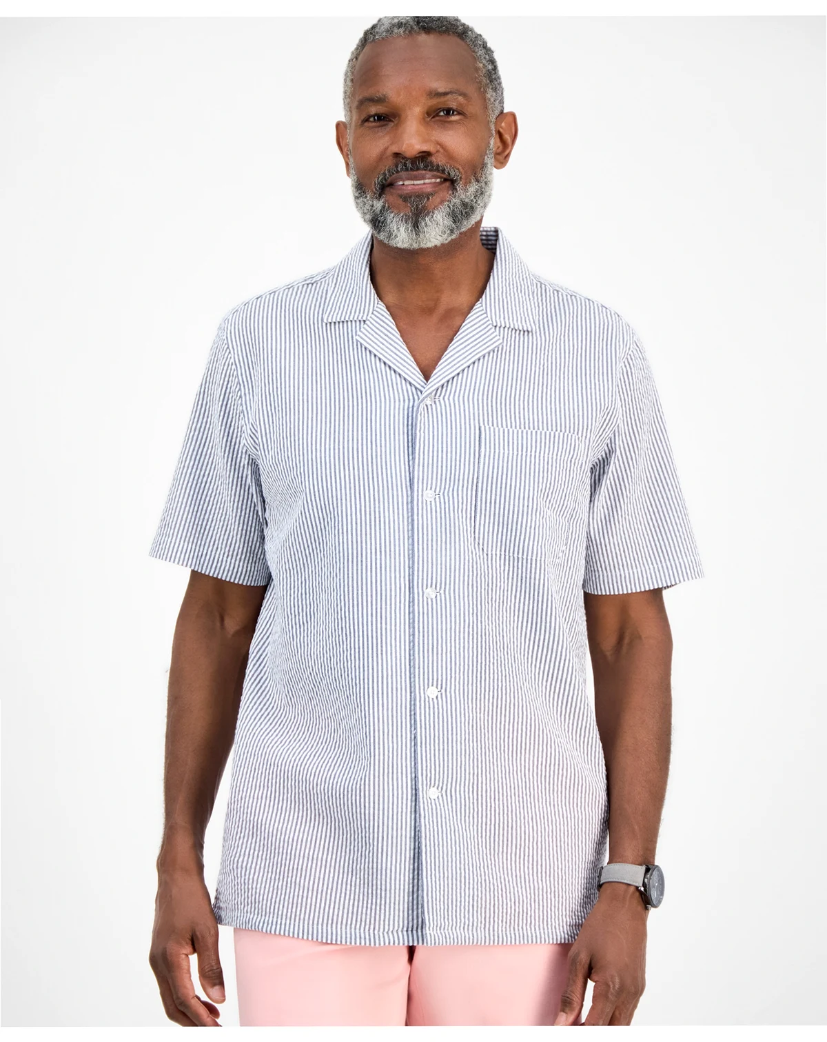 Men's Short Sleeve Striped Seersucker Button-Front Camp Shirt, Exclusively at Macy's