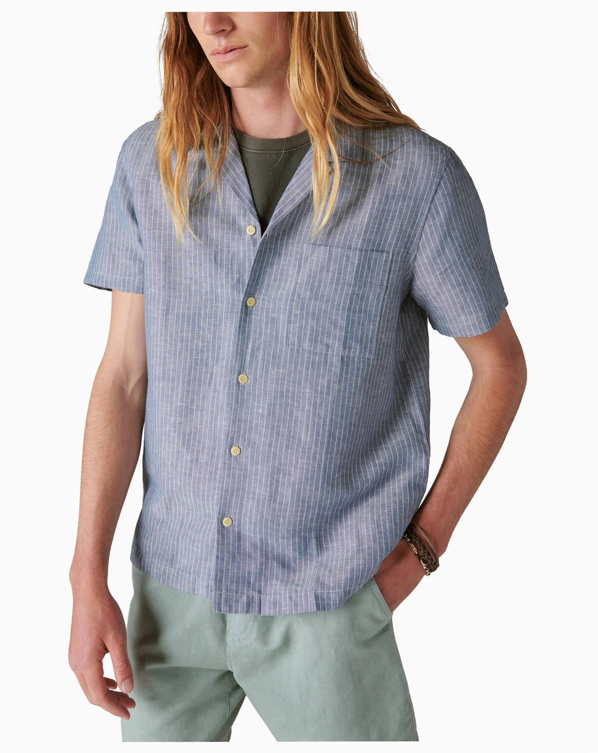 Men's Stripe Linen Short Sleeve Camp Collar Shirt