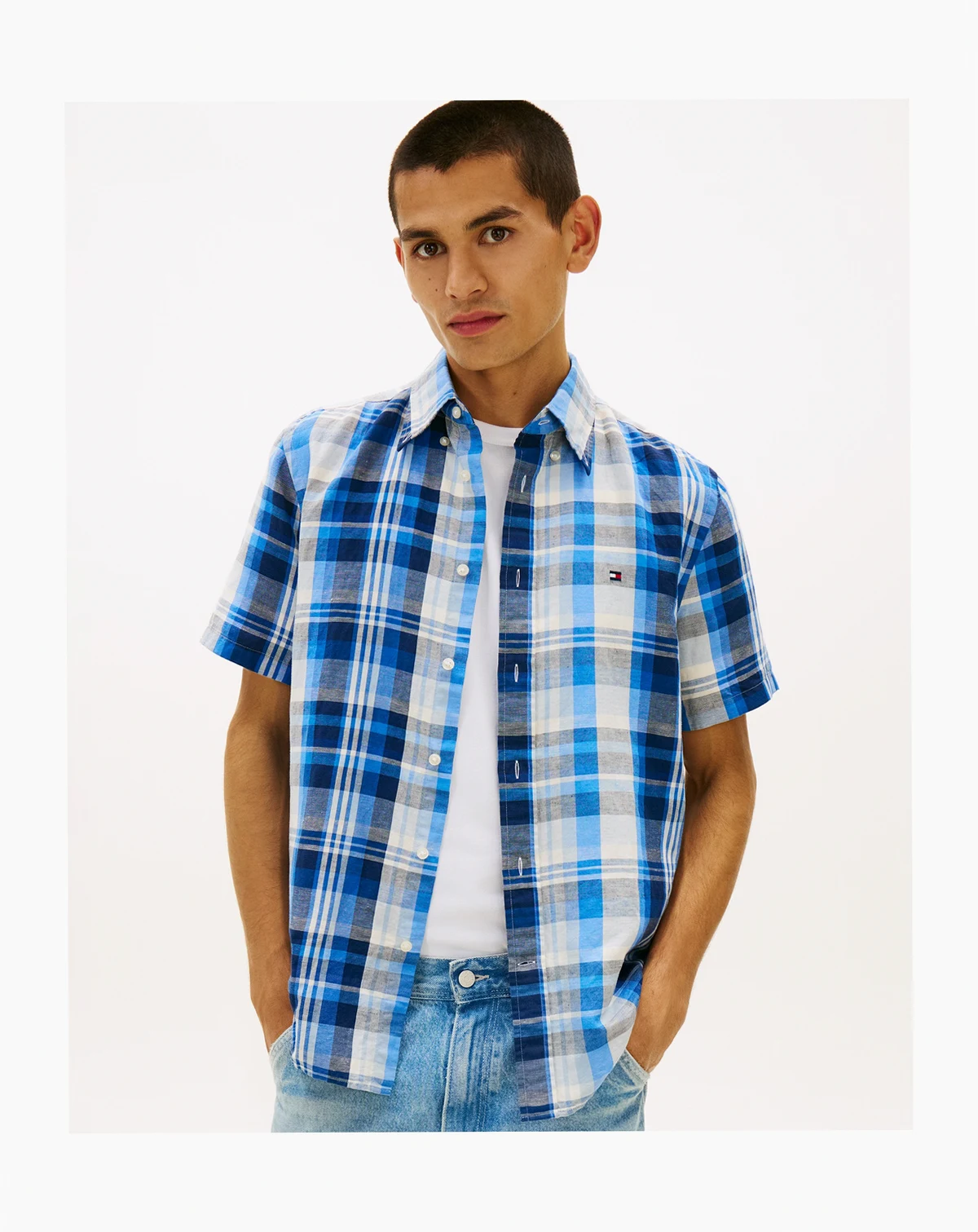 Men's Check Plaid Linen-Blend Short-Sleeve Shirt