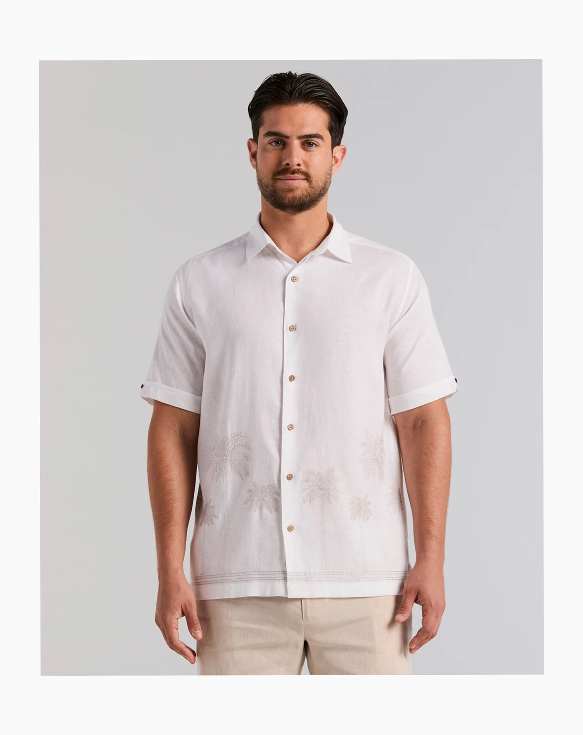 Men's Border Palm Embroidered Linen-Blend Short-Sleeve Shirt