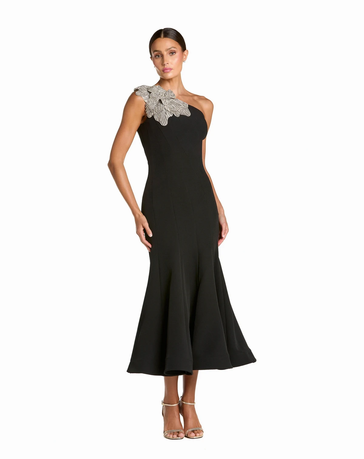 Petite Crepe One Shoulder Mermaid Midi Dress With Flower