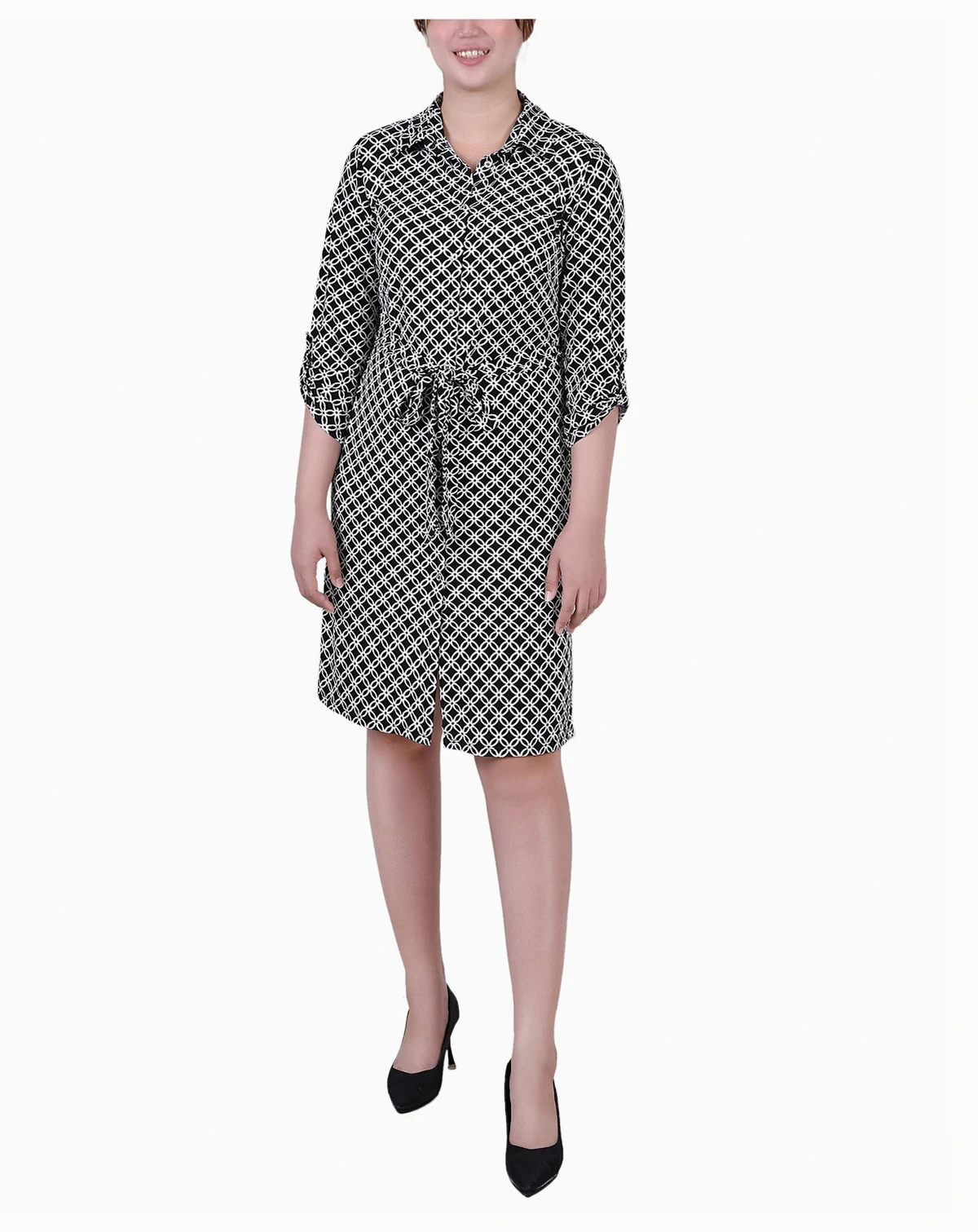 Petite Geometric Printed Long Sleeve Roll Tab Shirtdress
