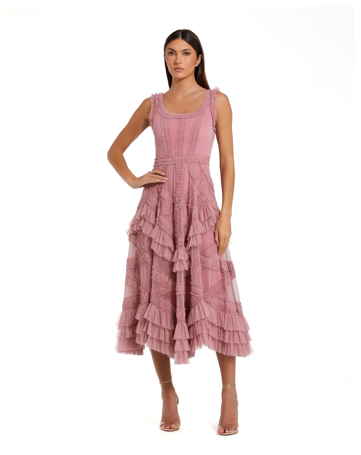 Petite Scoop Neck Sleeveless Mesh Micro Ruffle Midi Dress