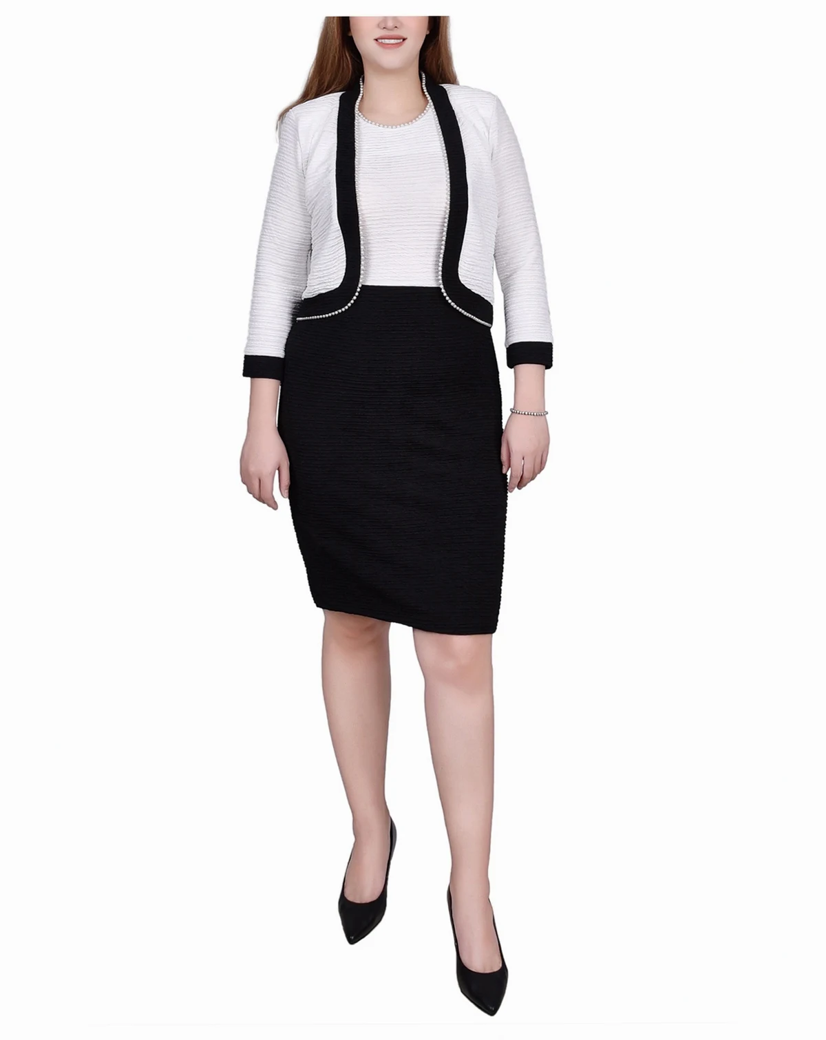 Petite 3/4 Sleeve Textured Knit 2 Piece Dress Set