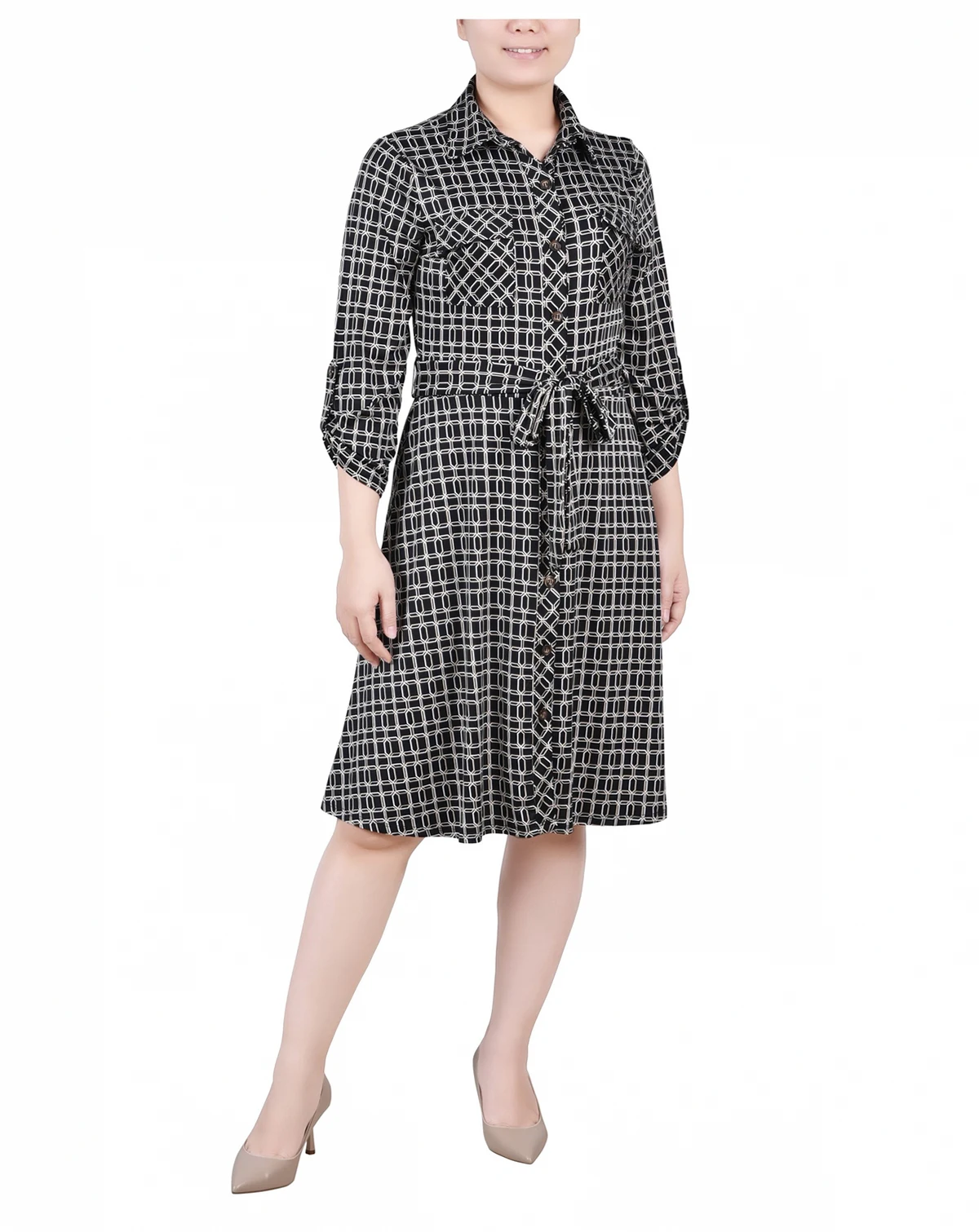 Petite 3/4 Sleeve Roll Tab Shirtdress
