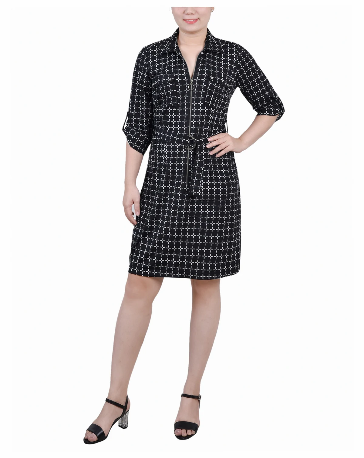 Petite Belted Roll Tab Zip Front Shirtdress