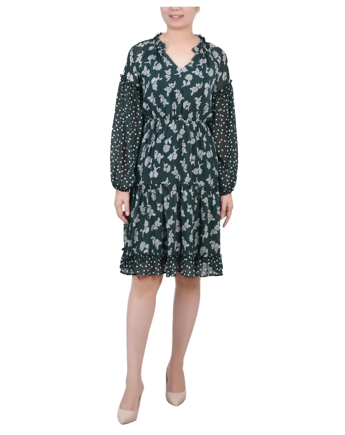 Petite Long Sleeve Combo Chiffon Dress