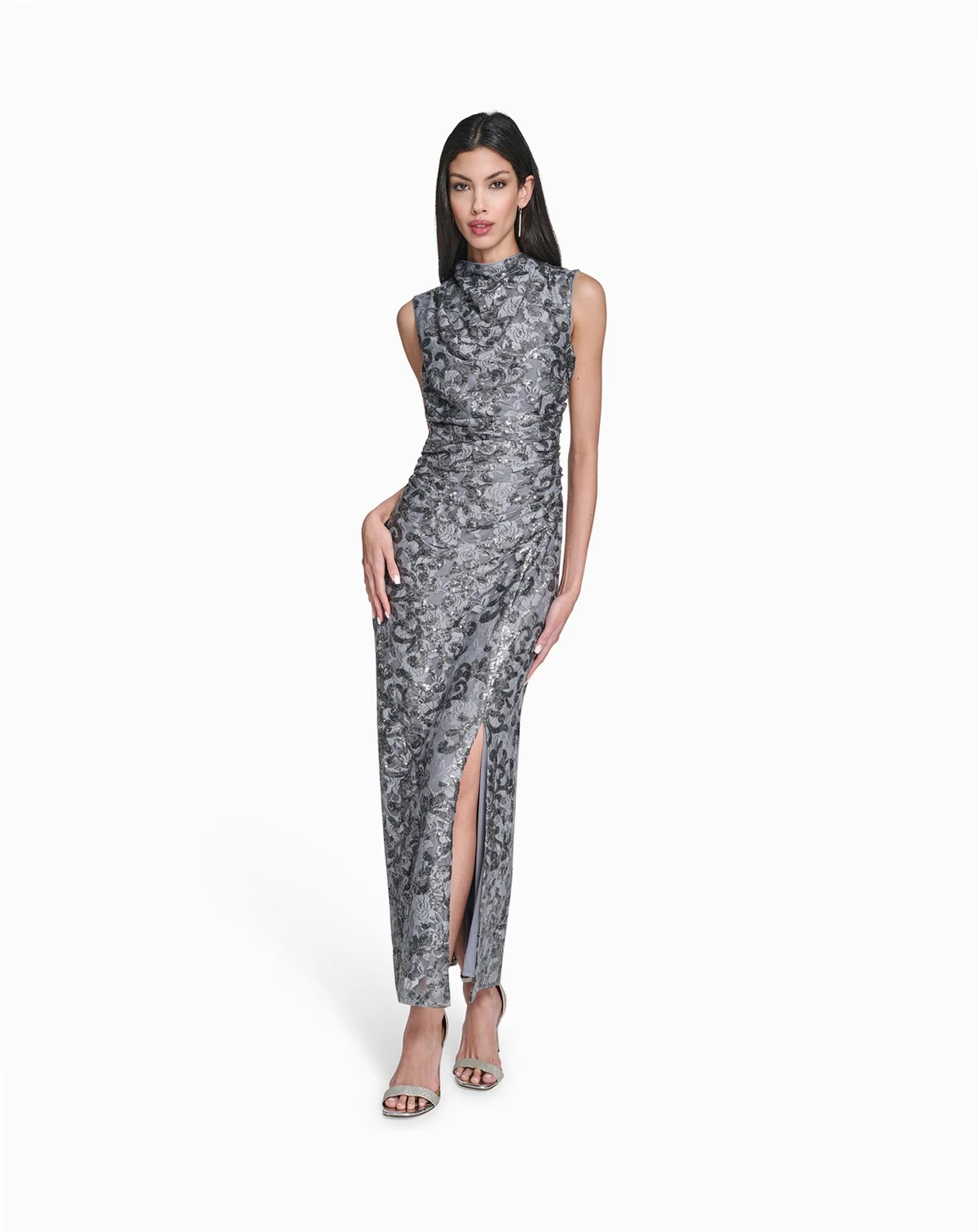 Petite Cowl Neck Sequin Lace Dress