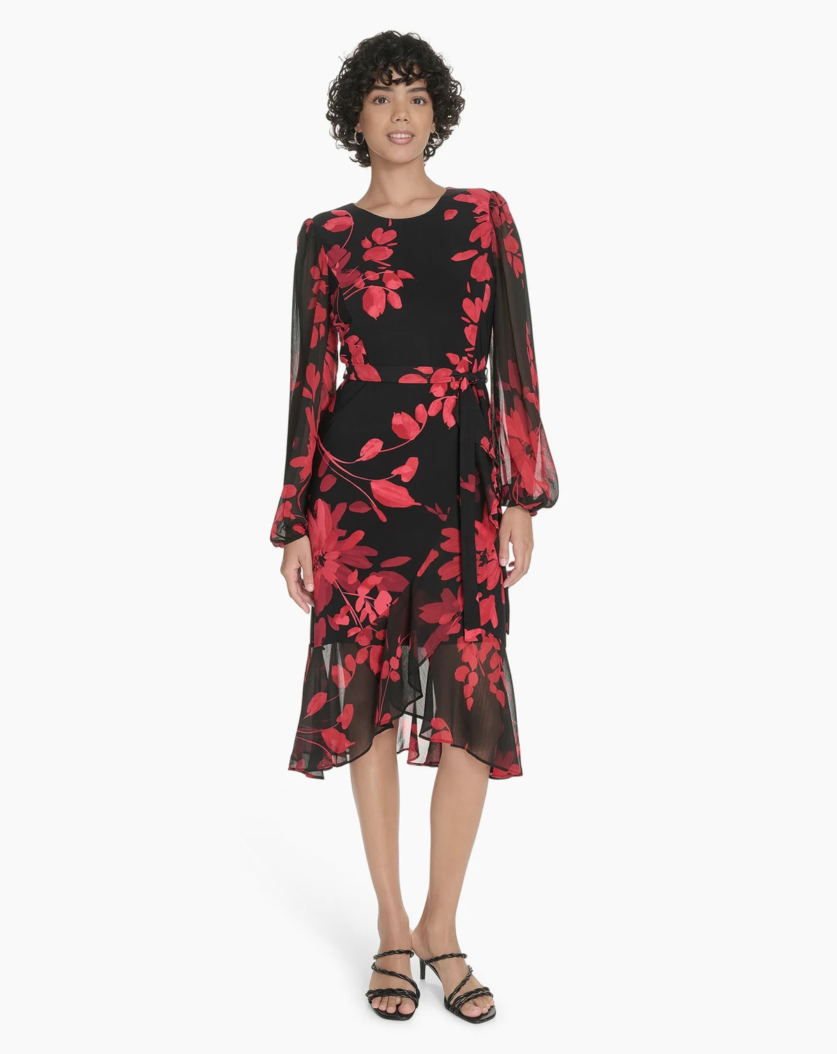 Petite Long-Sleeve Chiffon Combo Midi Dress