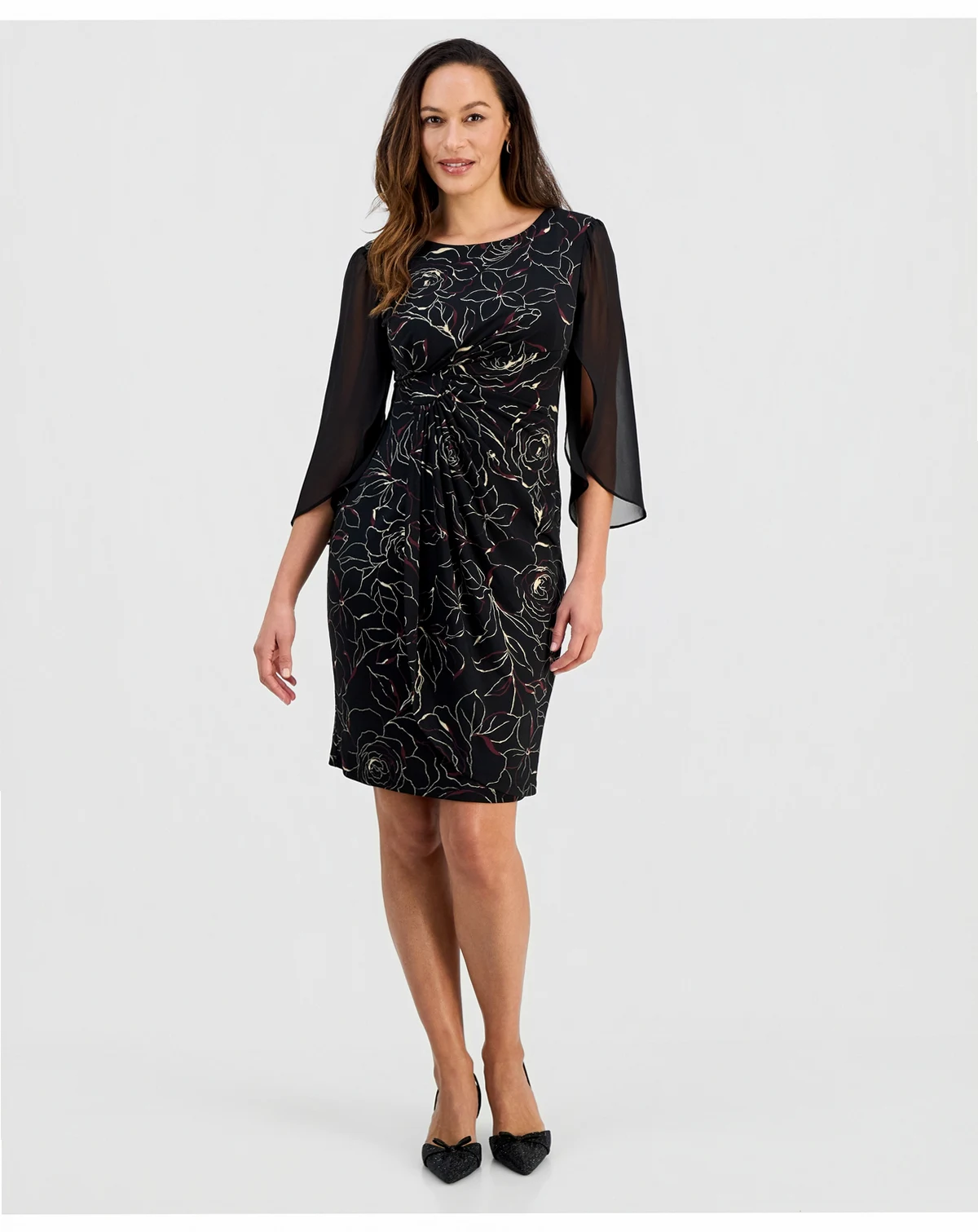 Petite Sheer-Sleeve Printed Sheath Dress
