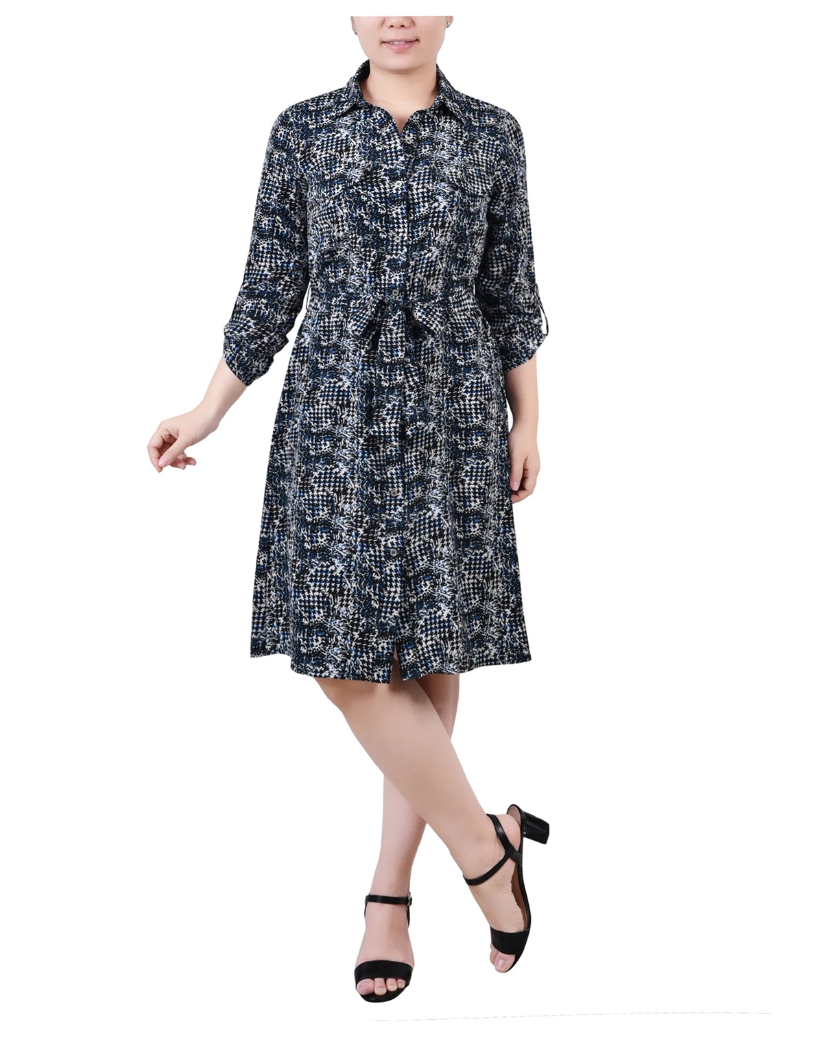 Petite Printed Long Sleeve Roll Tab Shirtdress