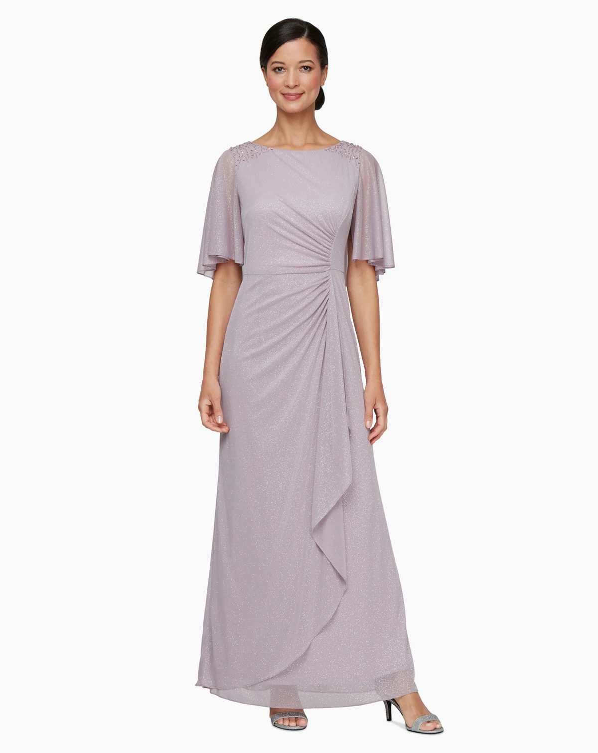 Petite Metallic A-Line Cape Gown