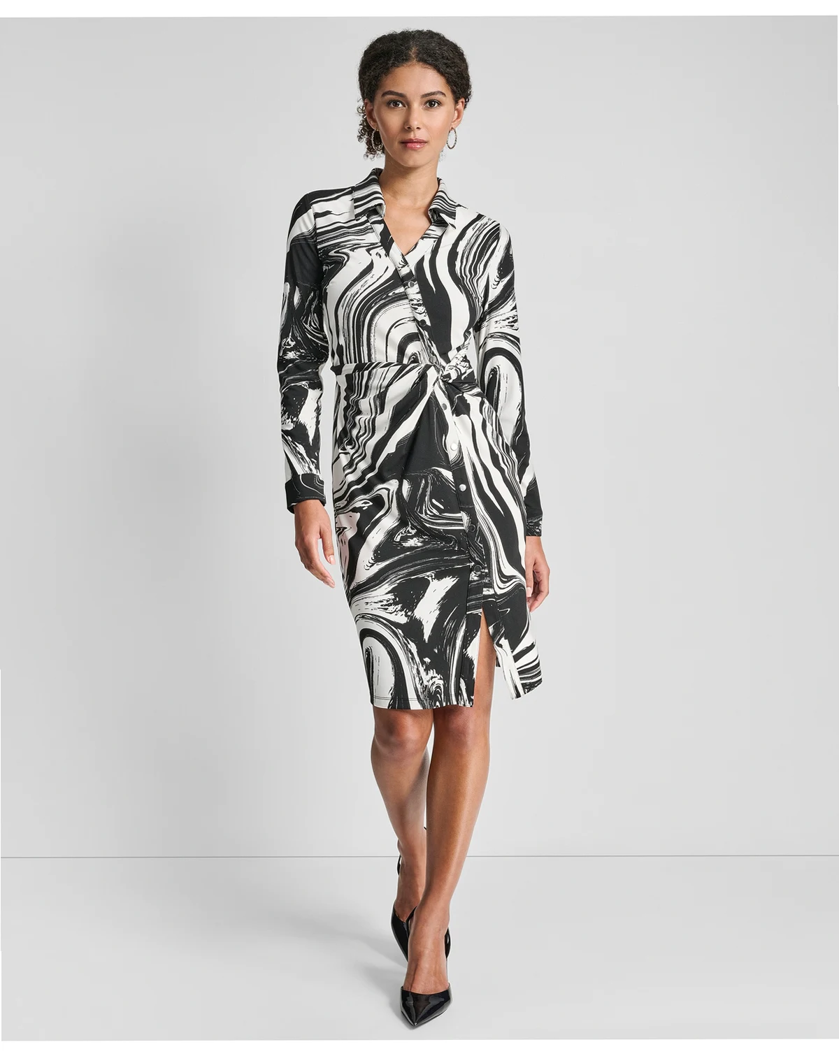 Petite Long-Sleeve Knotted Belted Faux Wrap Dress