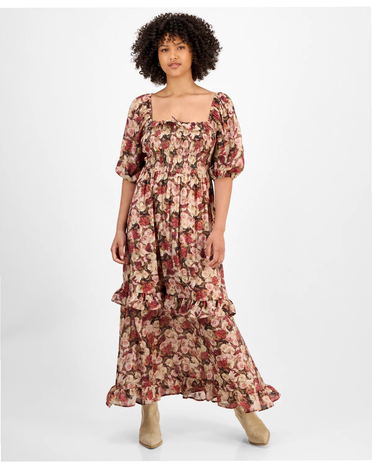 Women's Ruffle-Trim Puff-Sleeve Maxi Dress, Macy's Exclusive