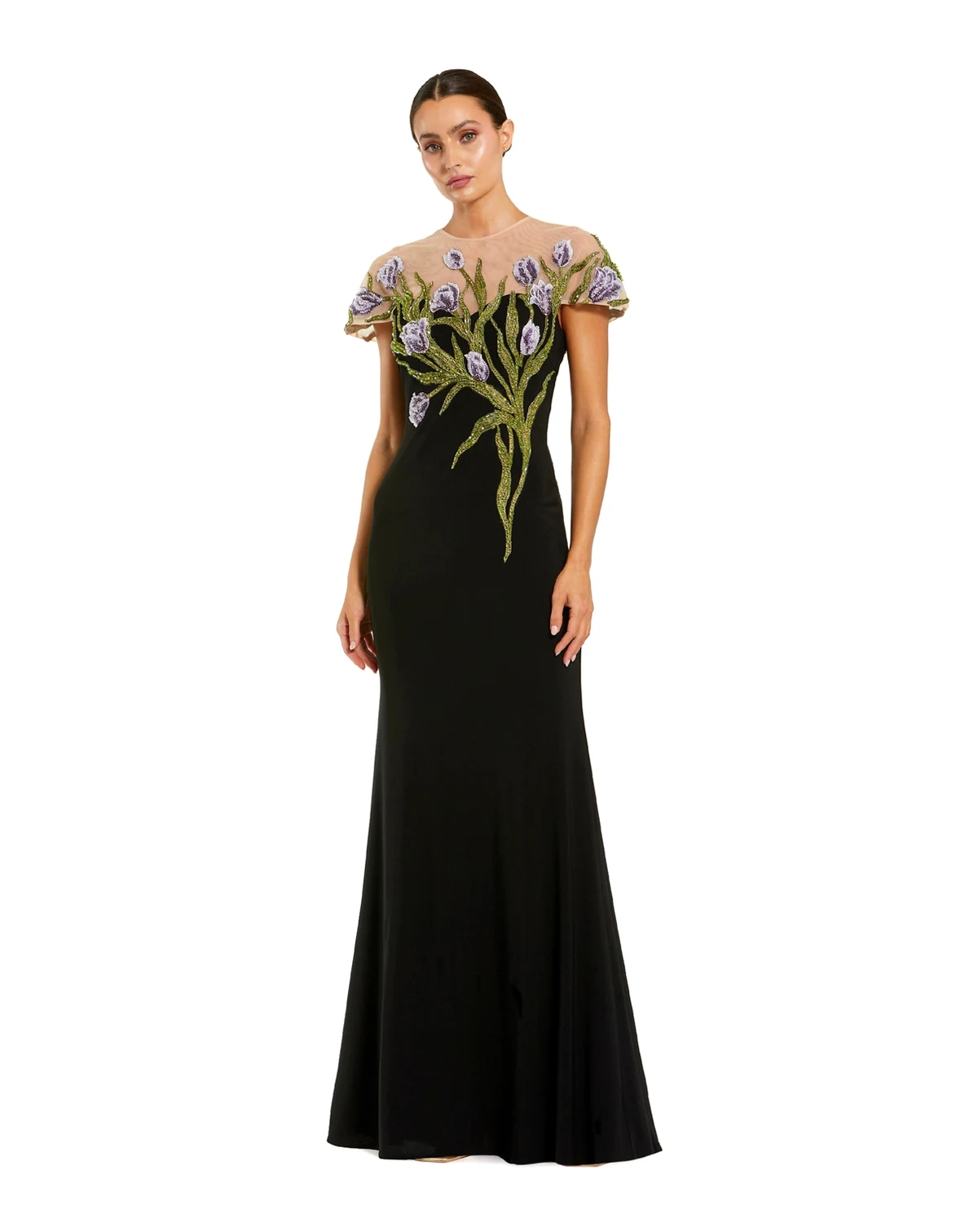 Petite Jersey Floral Embroidered Illusion Neck Gown