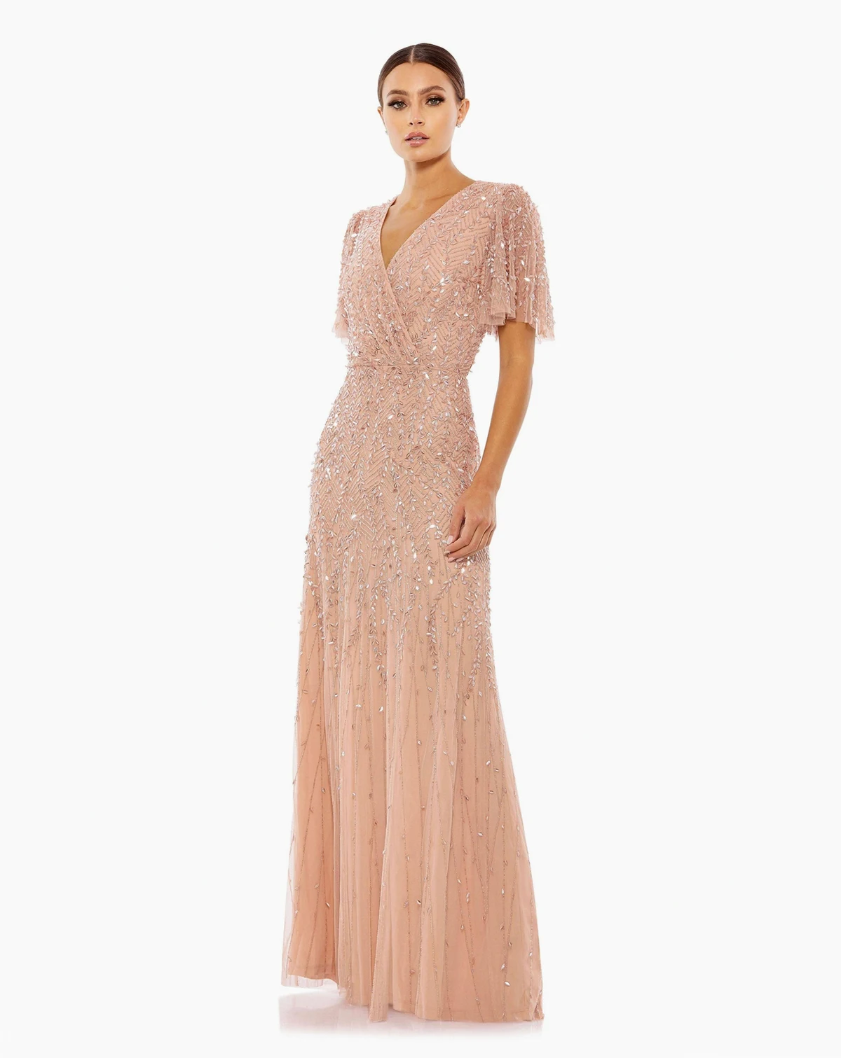 Petite Embellished Flutter Sleeve Evening Gown