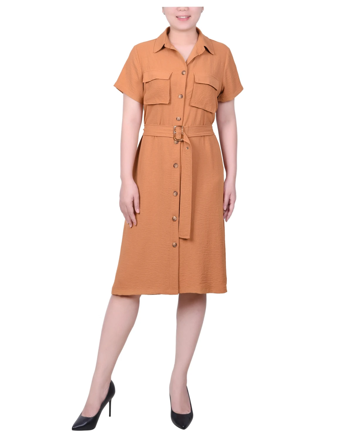 Petite Short Sleeve Belted Shirtdress