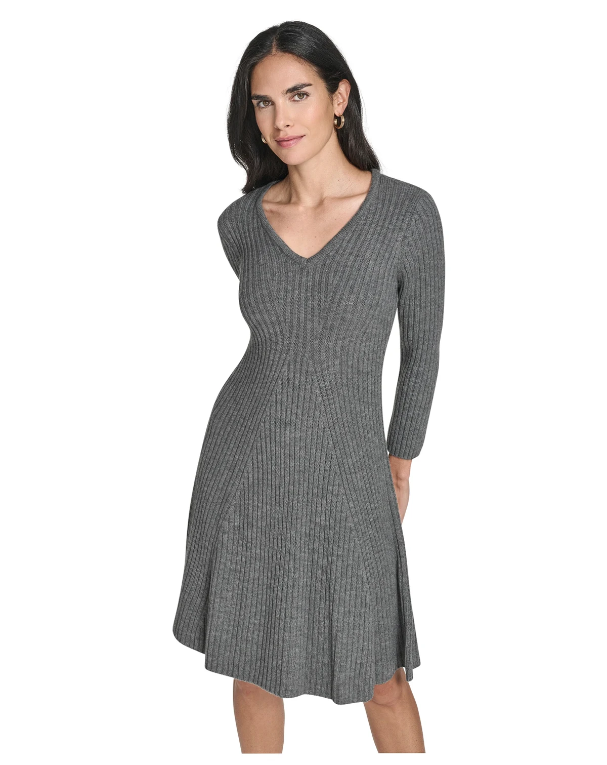 Petite V-Neck Fit & Flare Ribbed Dress