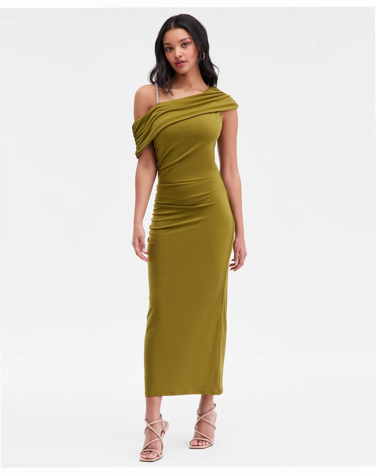 Women's Asymmetrical Drape Beaded Strap Midi Dress