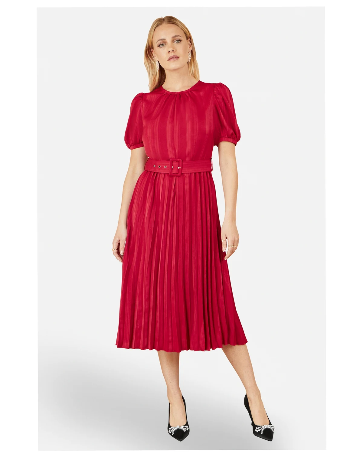 Women's Striped Satin Midi Dress Stylish Belted Partywear