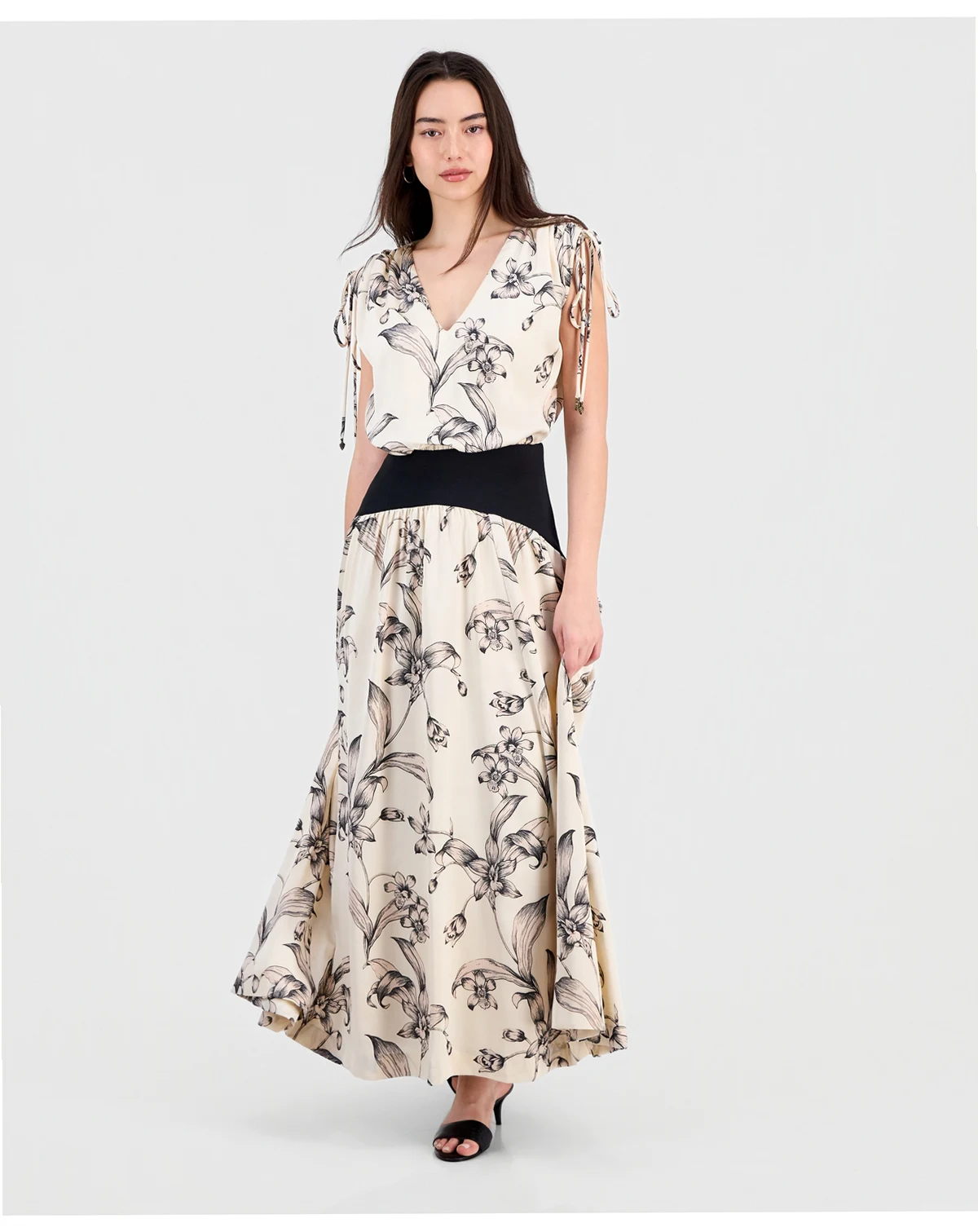 Women's V-Neck Blouson Dropped-Waist Maxi Dress