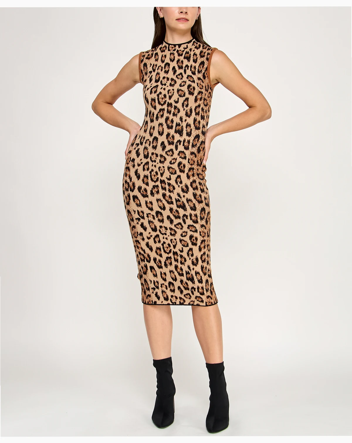 Juniors Leopard Mock Neck Animal Midi Sweater Dress