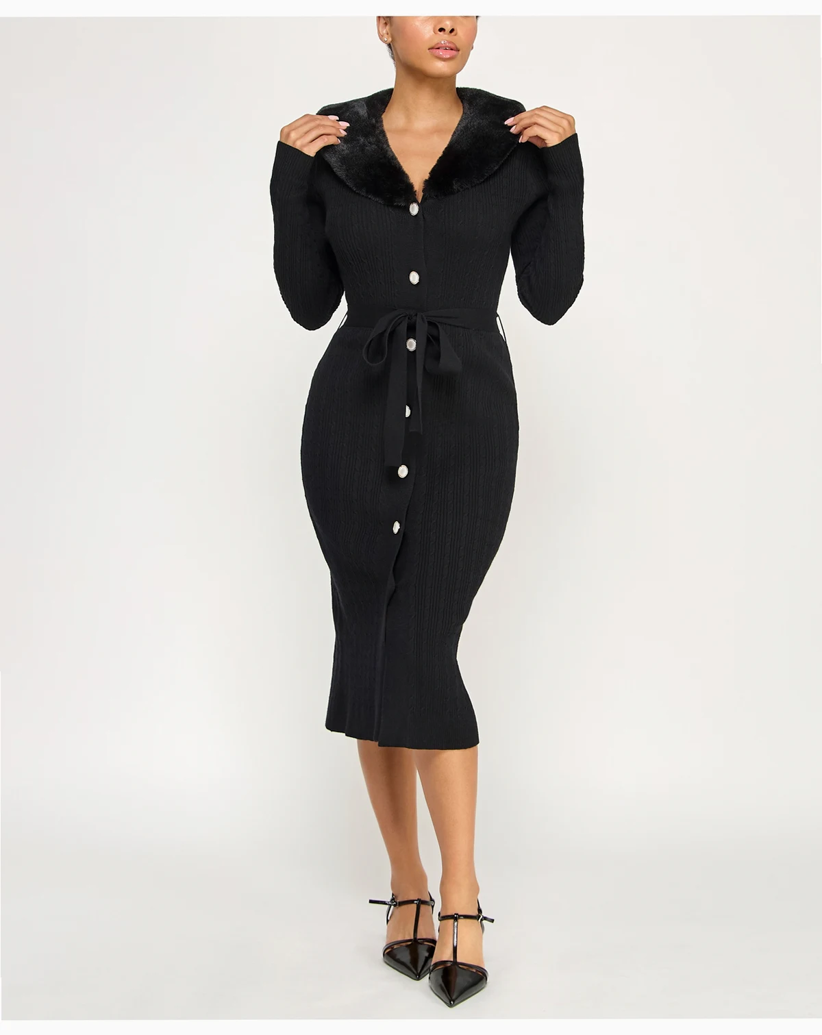 Juniors Removable Faux Fur Collar Midi Sweater Dress Cardigan