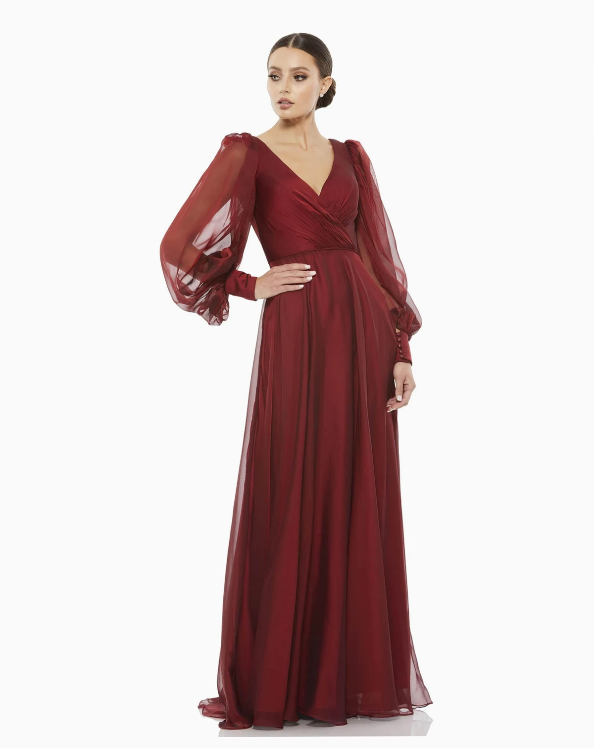 Women's Sheer Blouson Sleeve Surplice Gown
