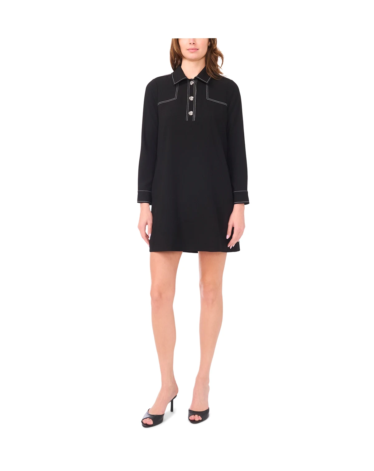 Women's Contrast Stitching & Buttons Long-Sleeve Dress