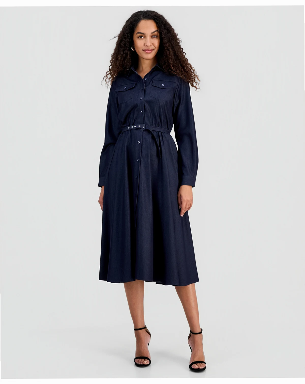 Women's Belted Button Long-Sleeve Fit & Flare Dress