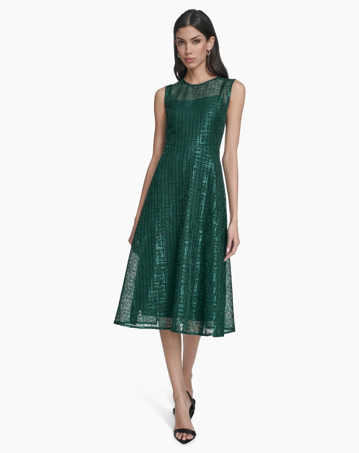 Women's Sequin Detail Crew Neck Fit and Flare Dress