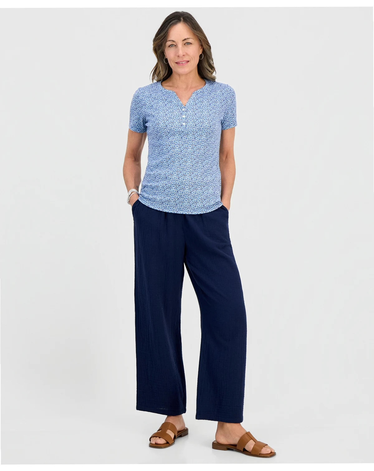 Petite Cotton Gauze Wide-Leg Pull-On Pants, Macy's Exclusive