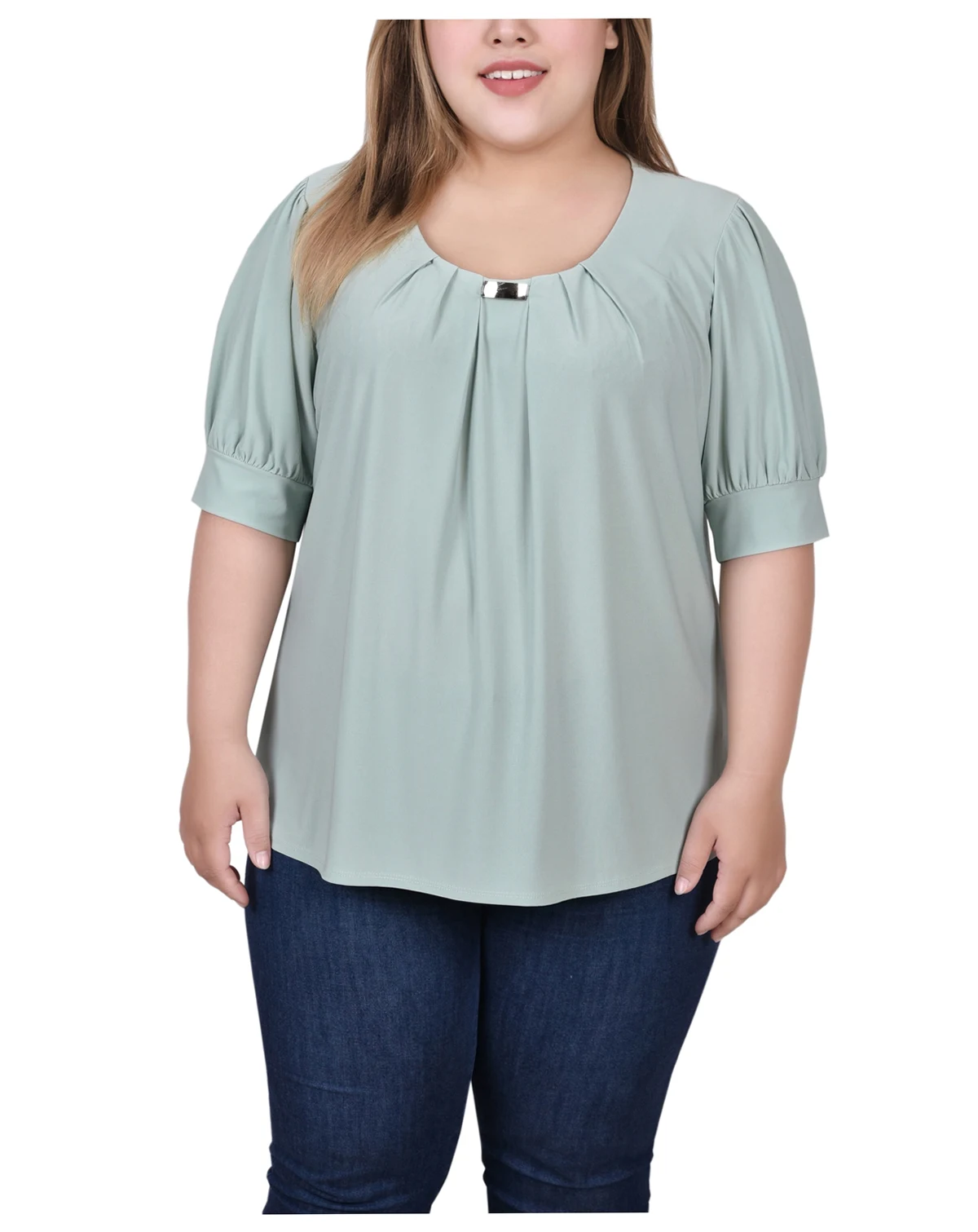 Plus Size Short Balloon Sleeve Top with Hardware
