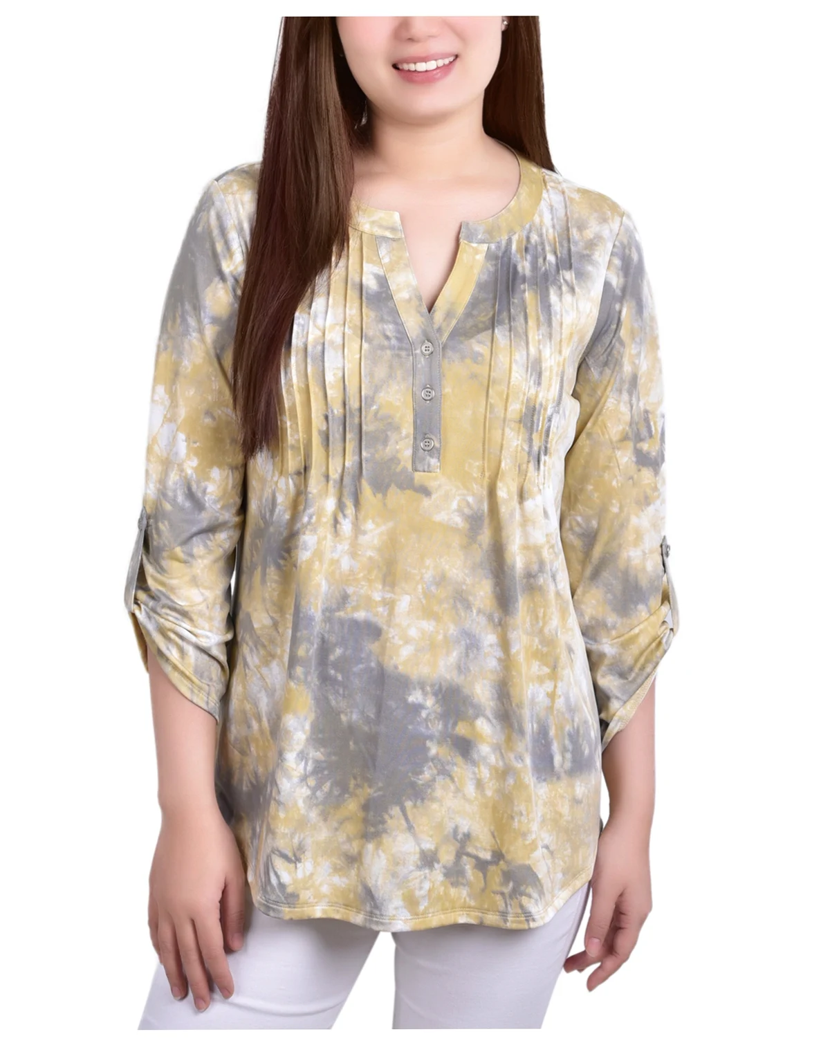 Petite Knit Jacquard 3/4 Sleeve Roll Tab Pintuck Top