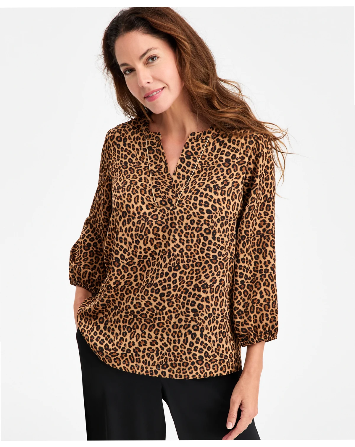 Women's Embellished-Neck Cheetah-Print Blouse, Macy's Exclusive