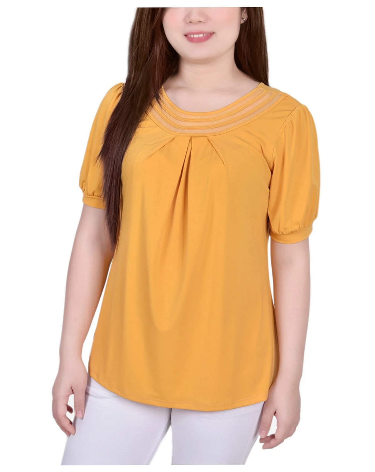Petite Short Puff Sleeve Mesh Inset Top