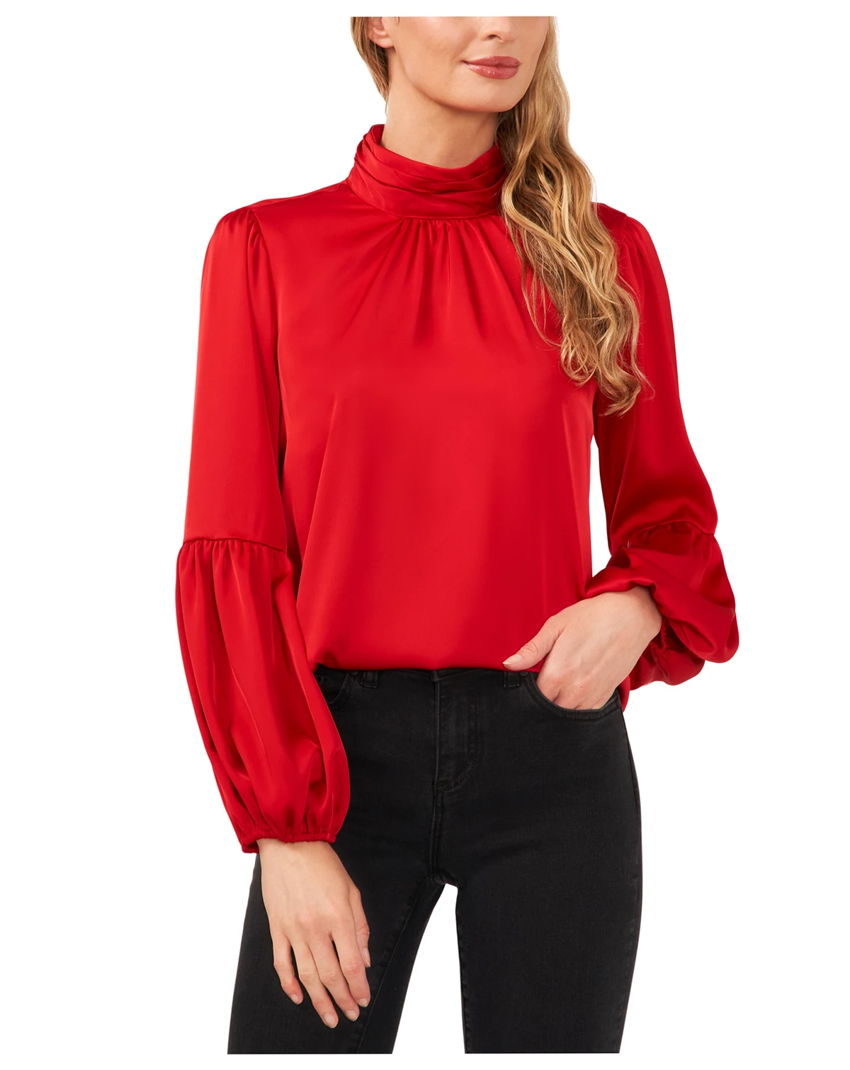 Women's Blouson-Sleeve Mock-Neck Blouse
