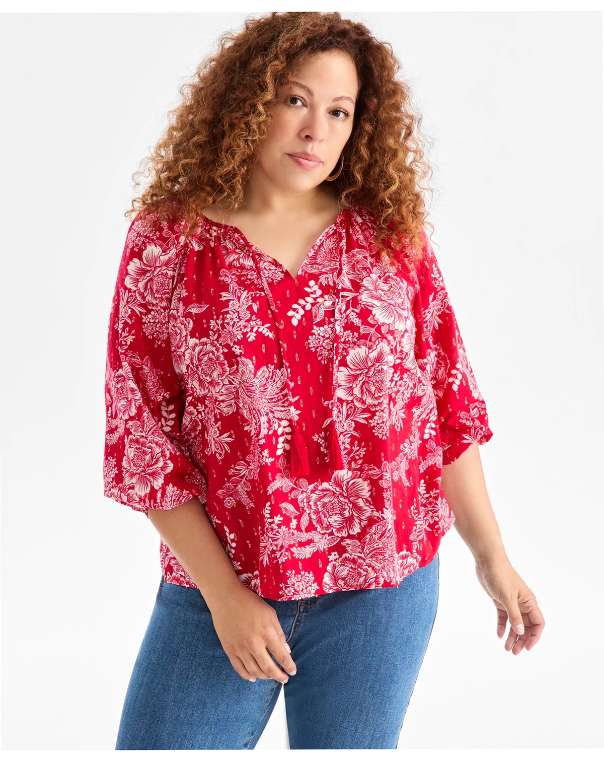 Plus Size V-Neck Printed  Bubble-Sleeve Blouse, Macy's Exclusive