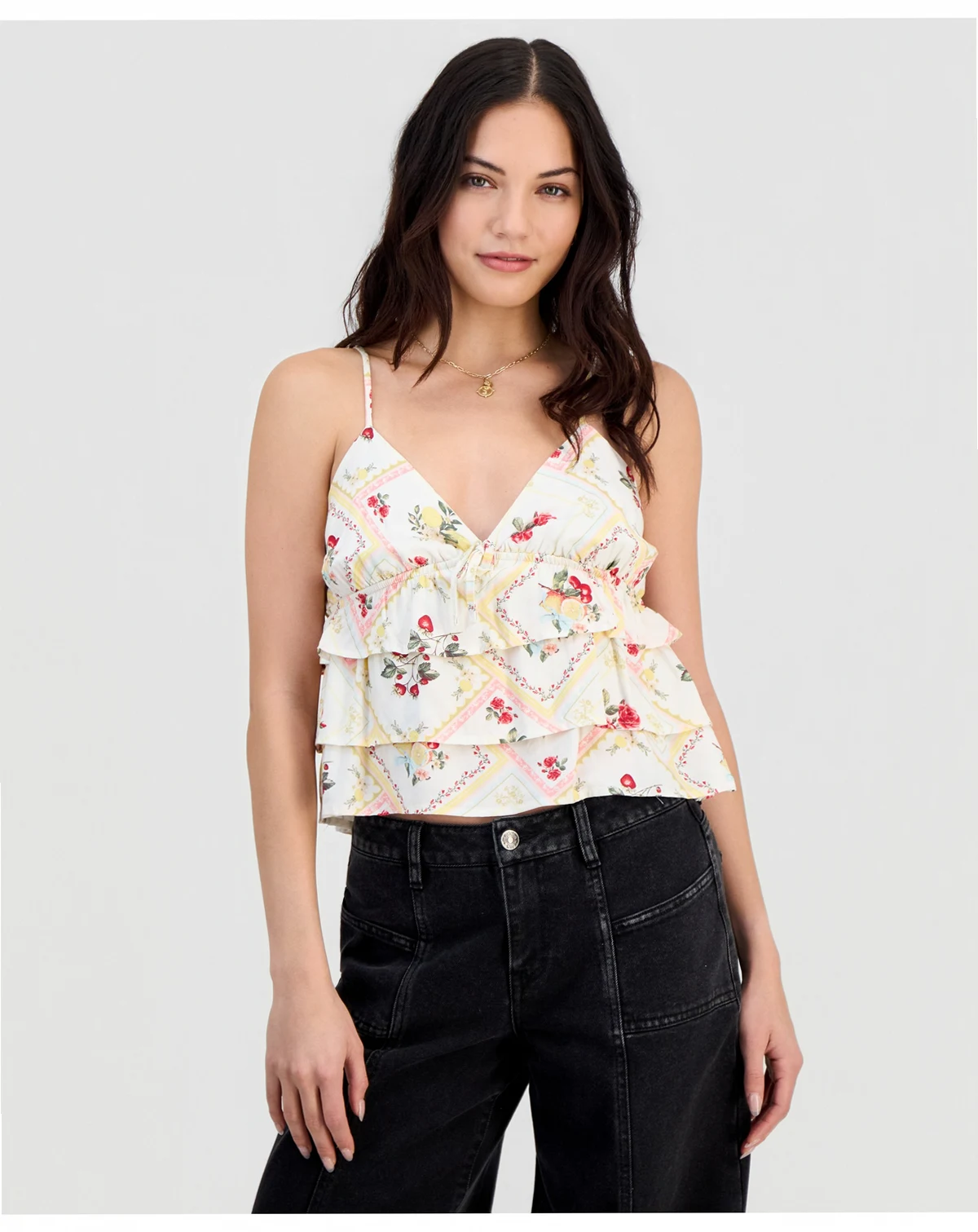 Juniors' Striped Ruffled Sleeveless Top