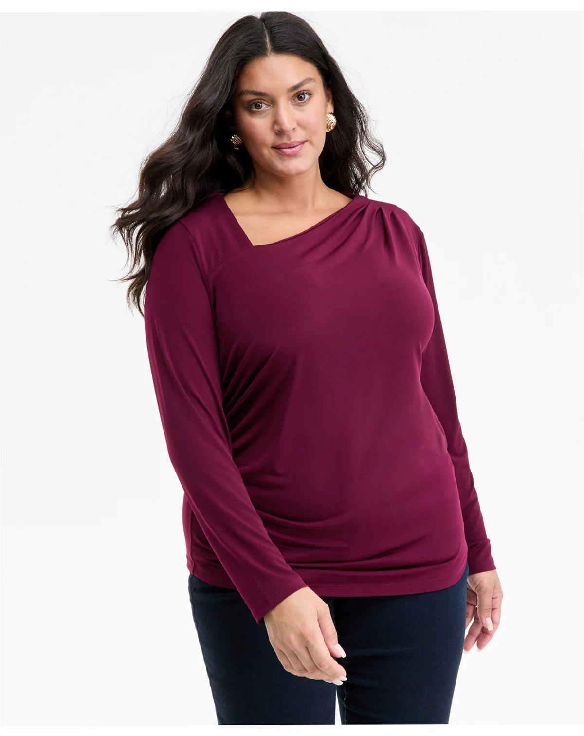Plus Size Asymmetric-Neck Long-Sleeve Top, Macy's Exclusive