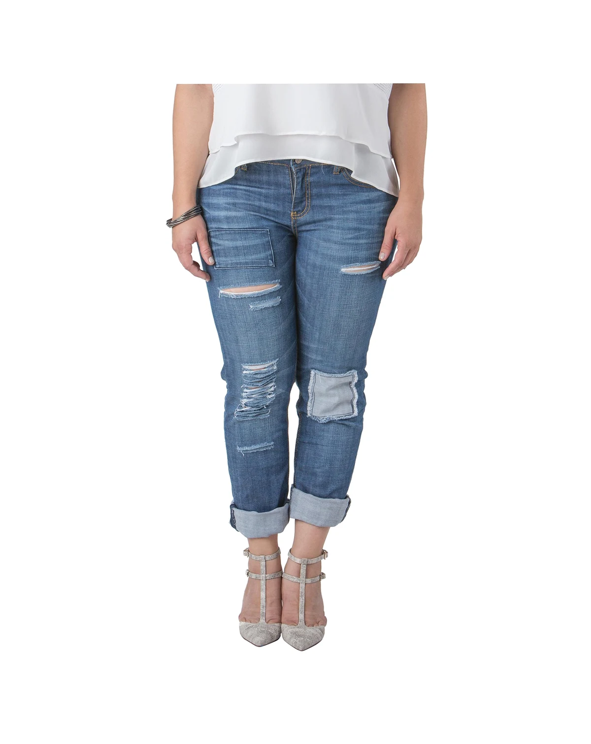 Plus Size Women Distressed And Patched Boyfriend Jeans