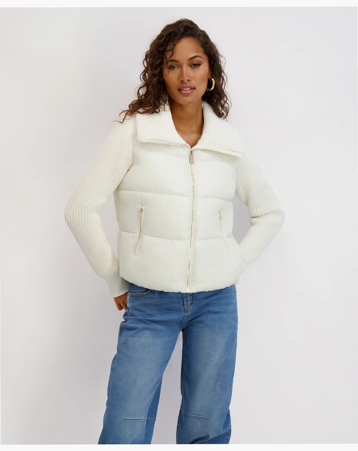 Women's Mixed Media Short Puffer with Knit Sleeves & Collar