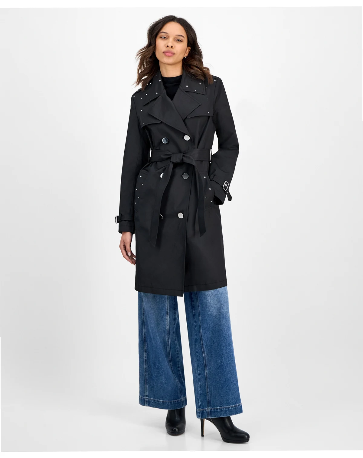 Women's Double-Breasted Studded Belted Trench Coat