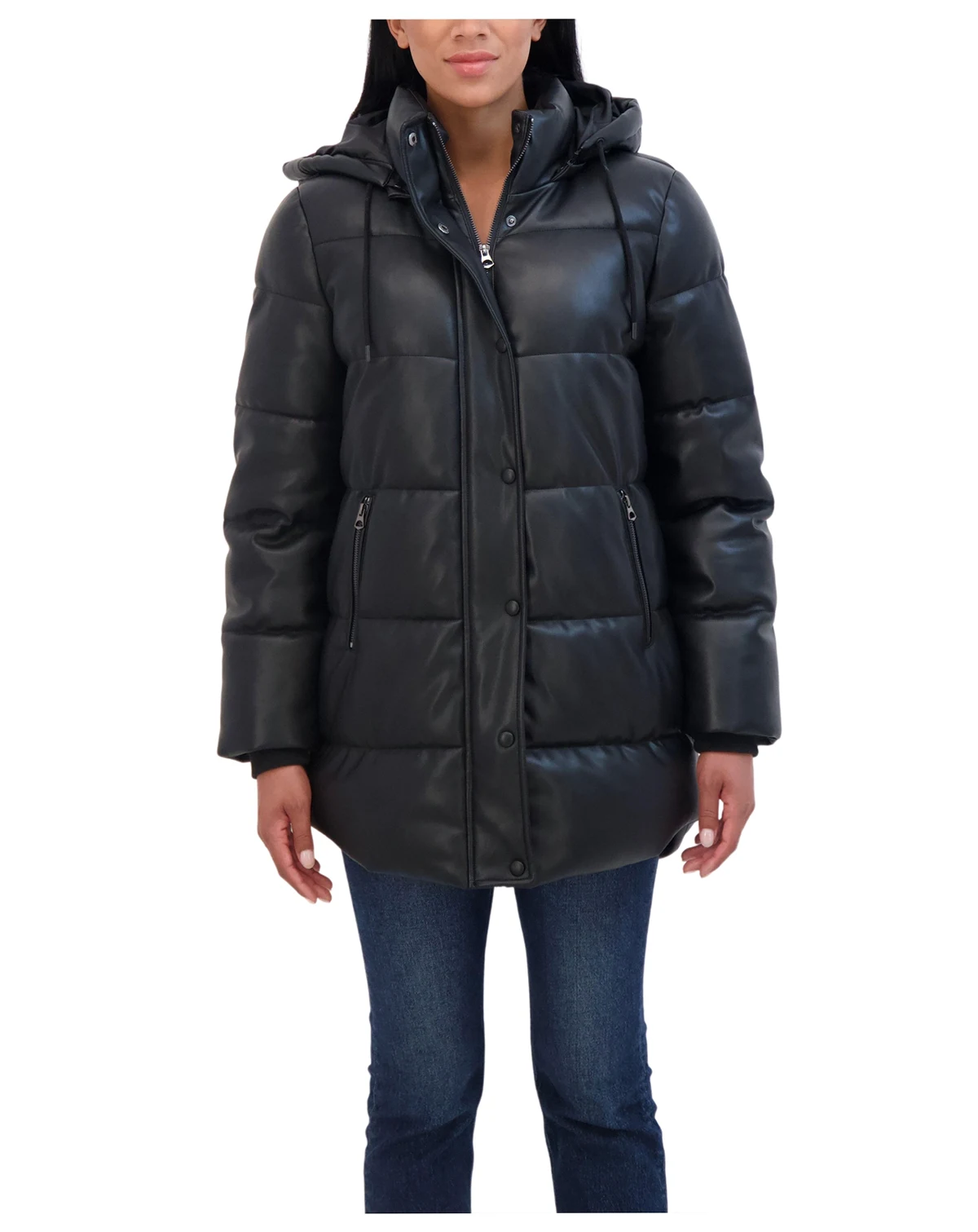 Women's Faux Leather 3/4 Puffer Jacket With Hood