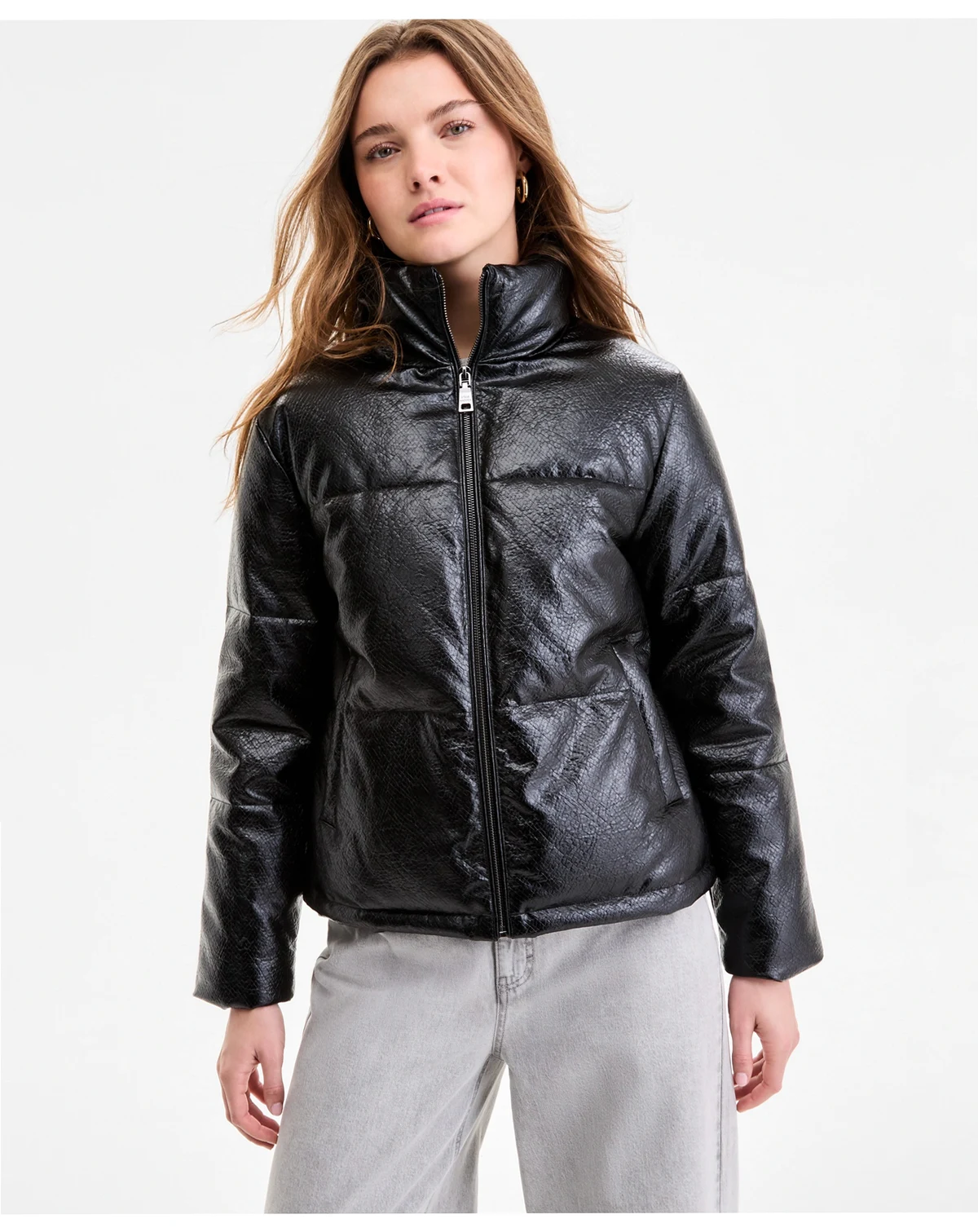 Women's Textured Faux-Leather Puffer Coat